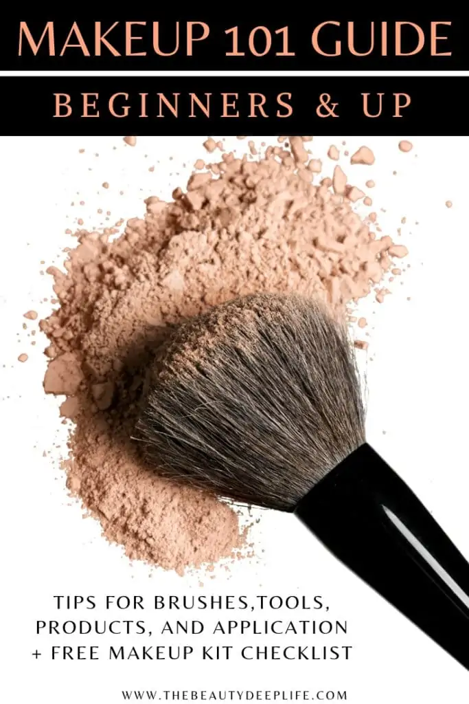 makeup powder and brush with text overlay - makeup 101 guide beginners and up