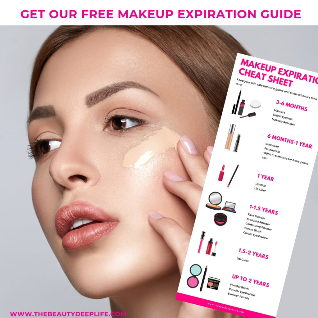 woman using makeup with text overlay- get our free makeup expiration guide
