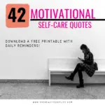 woman sitting on bench reading her phone with text overlay - 42 motivational selfcare quotes