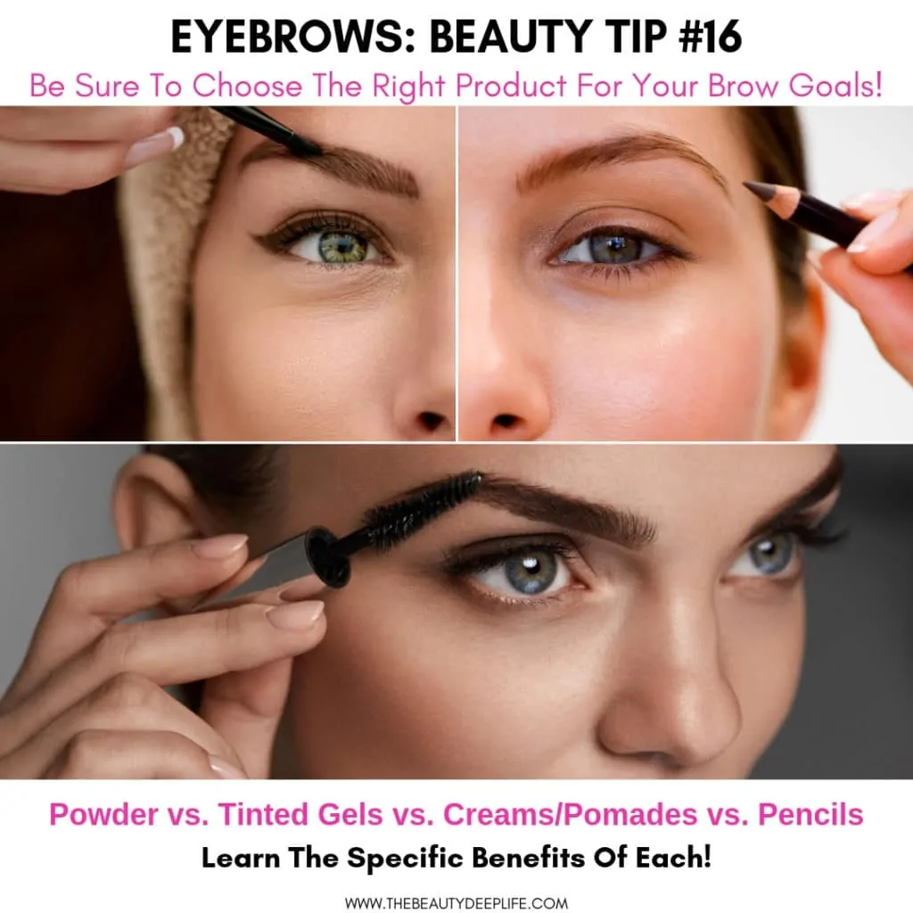 Three women applying different types of eyebrow makeup products with text overlay - Eyebrows Beauty Tip 16 Be Sure To Choose The Right Products For Your Brow Goals