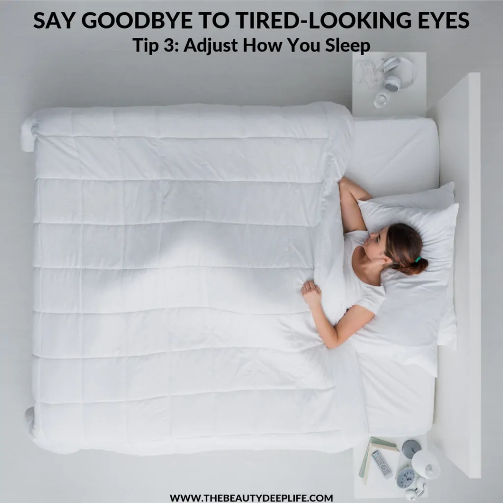 Woman sleeping on bed with text overlay - Say Goodbye to Tired-Looking Eyes