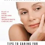 woman resting face on hand with text overlay- women's guide to essential skincare tips to caring for your skin