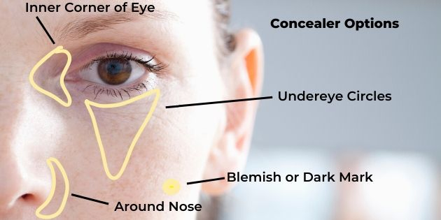 Woman's face showing where to apply concealer for beginner makeup