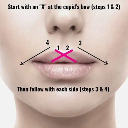 woman's lips showing how to do an X on the cupid's bow for more lip definition with a lip liner