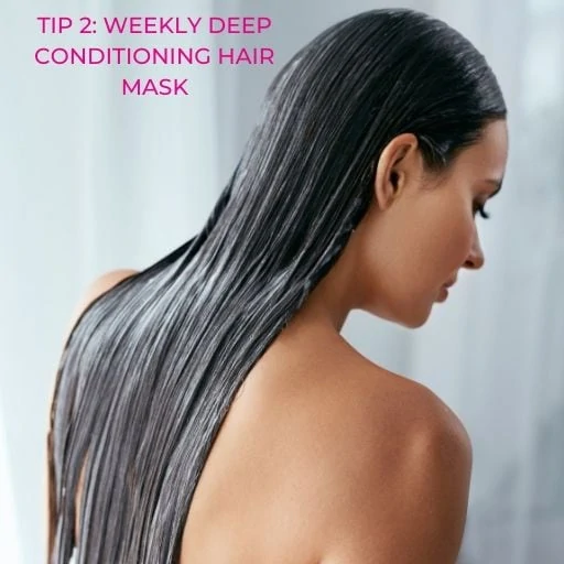 woman using a hair mask to grow faster thicker with text overlay - tip weekly deep conditioning hair mask