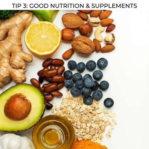 healthy spread of food with text overlay - tip good nutrition and supplements
