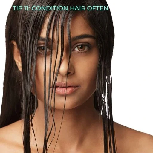 woman with long wet hair with text overlay - tip condition hair often
