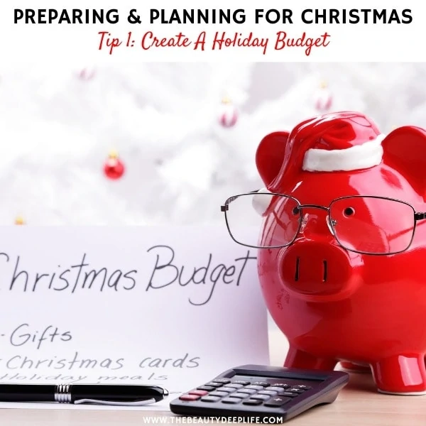 Christmas budget list with calculater and piggy bank with text overlay preparing and planning for christmas