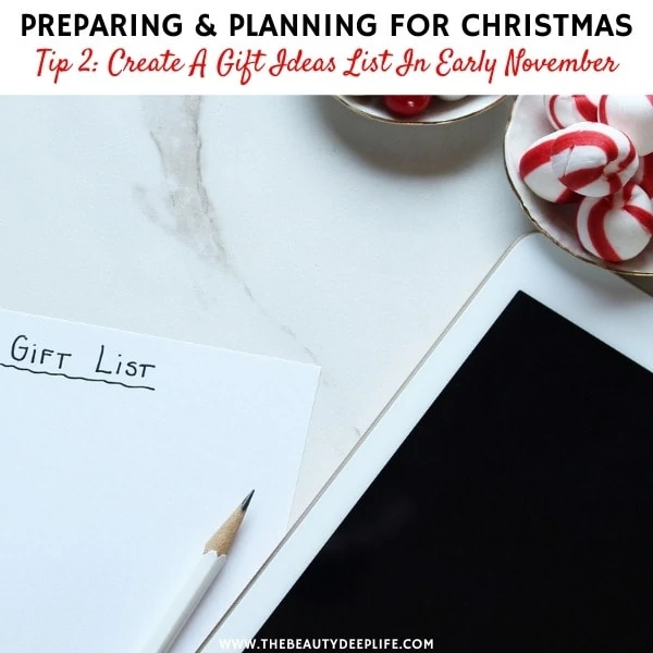 Gift list with pencil and ipad with text overlay preparing and planning for christmas