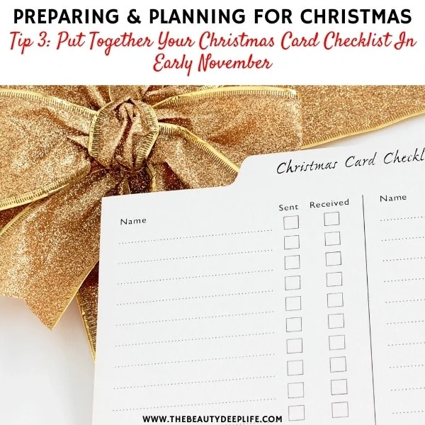 Christmas Card Checklist and ribbon with text overlay preparing and planning for christmas