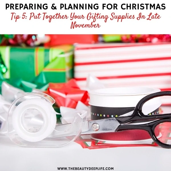 Christmas gift wrapping supplies with text overlay preparing and planning for christmas