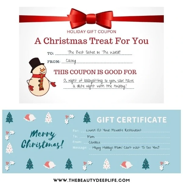 personalized holiday gift certificate and gift coupon