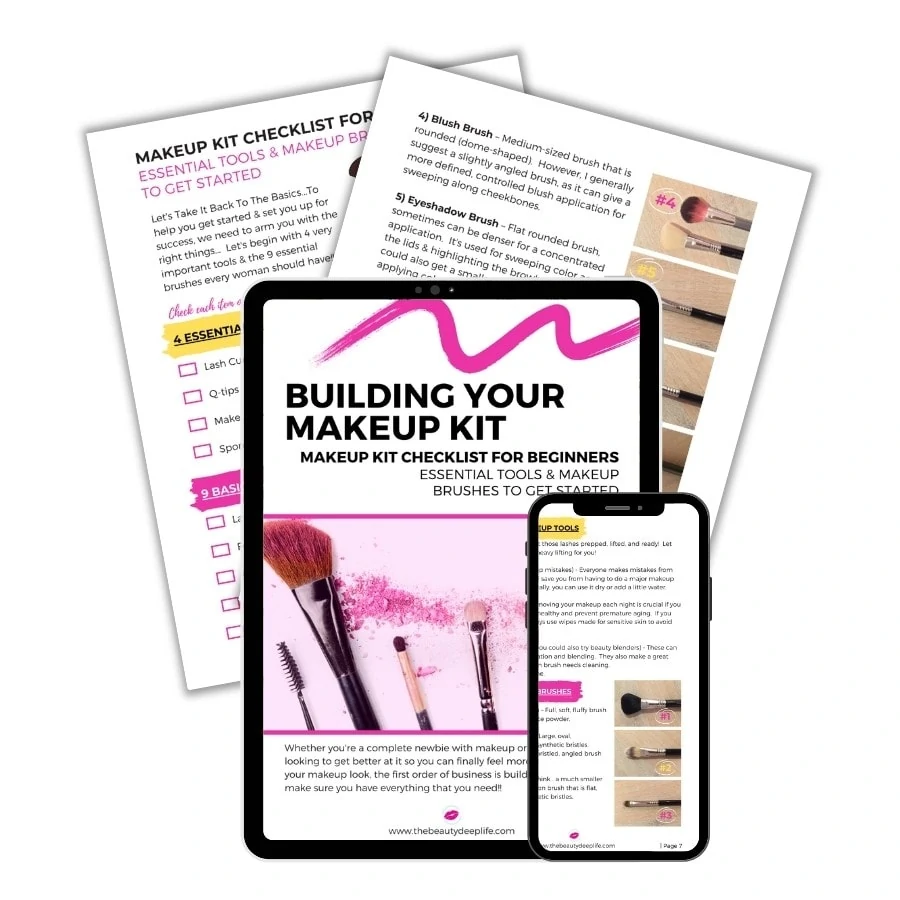 Makeup kit checklist and guide for beginners on a tablet and phone