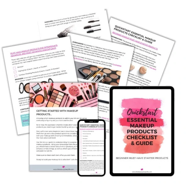 makeup beginners essentials list on a tablet and phone