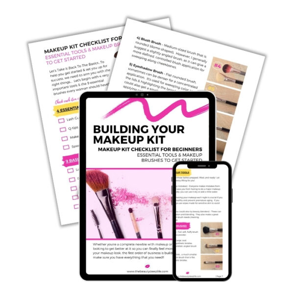 Makeup kit checklist and guide for beginners on a tablet and phone