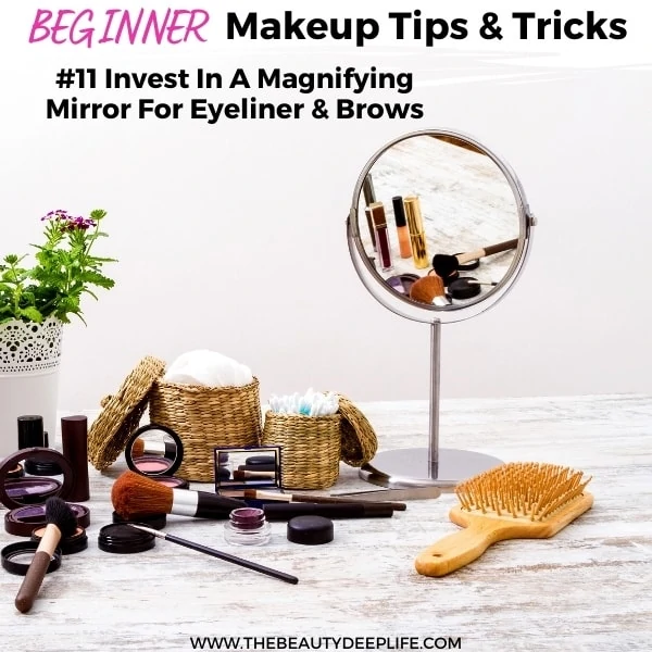 basic makeup products and a mirror with text overlay beginners makeup tips and tricks