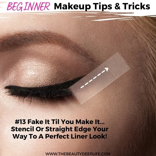 woman with basic eyeliner and scotch tape near her eye with text overlay beginners makeup tips and tricks