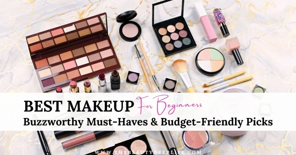 makeup products with text overlay best makeup for beginners