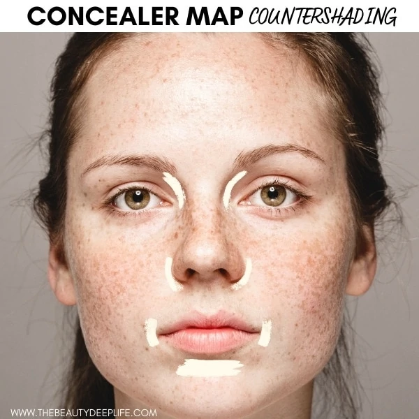 diagram of where to use concealer to reduce shadows on the face