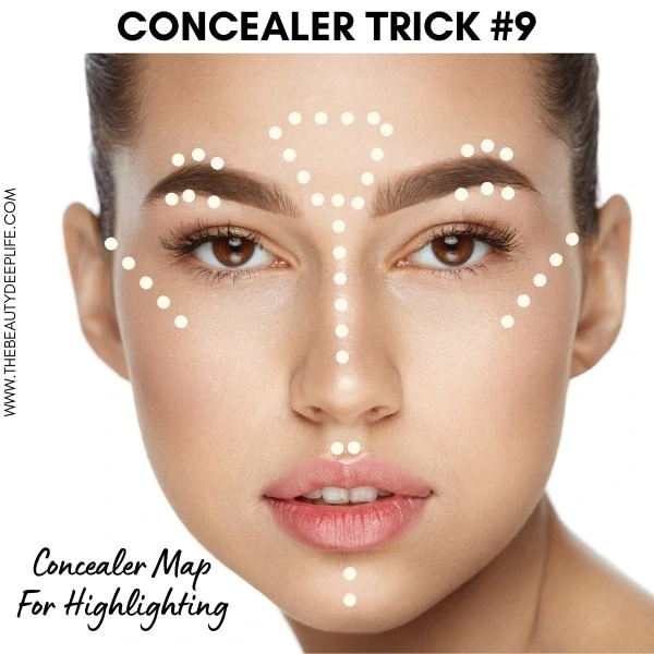 diagram showing where to use concealer for highlighting the face