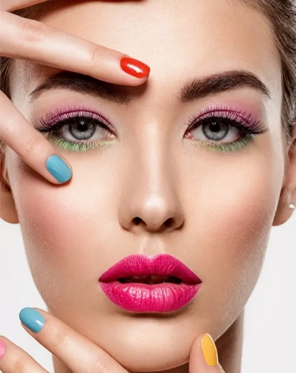 woman with pink and green eyeshadow makeup