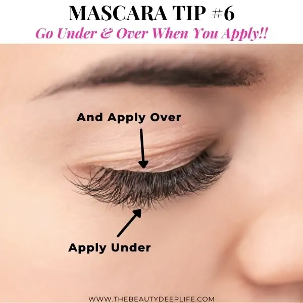 woman's lashes with text overlay - macara tip 6 go under and over when you apply