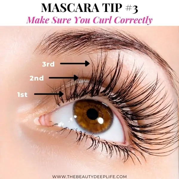 woman with long eyelashes with text overlay - mascara tip 3 make sure you curl correctly