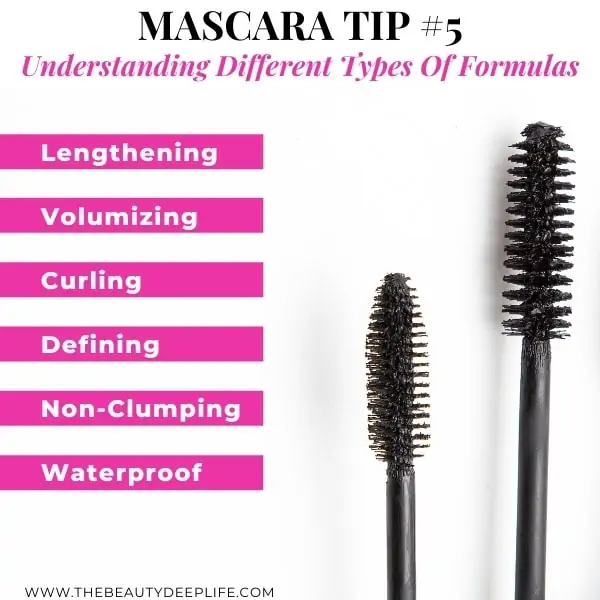 mascara wands with text overlay - mascara tip 5 understanding different types of formulas