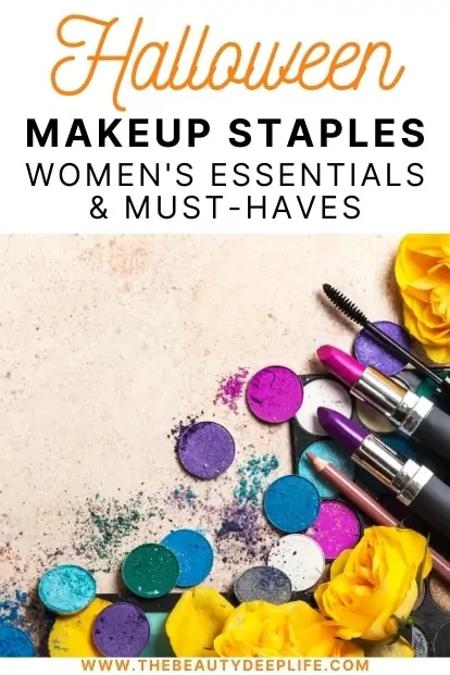makeup products with text overlay - halloween makeup staples women's essentials and must-haves