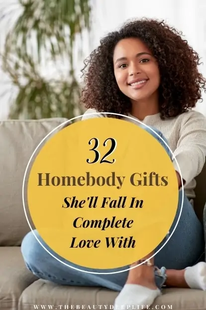 woman relaxing on her couch at home with text overlay 32 homebody gifts she'll fall in complete love with