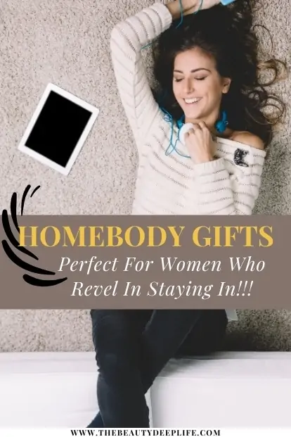 woman relaxing at home with text overlay - homebody gifts perfect for women who revel in staying in