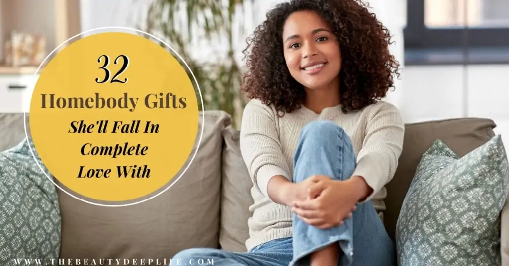 woman sitting couch at home with text overlay - 32 homebody gifts she'll fall in complete love with