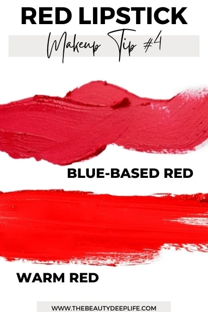 two smudges of red lipstick with text overlay red lipstick makeup tip 4 blue-based red warm red