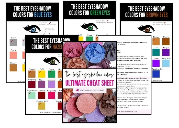 cheat sheets of the best eyeshadow colors for brown, blue, green and hazel eyes