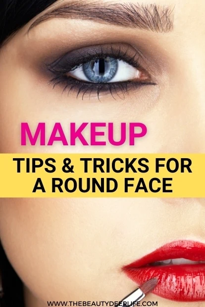woman with eye makeup and red lipstick with text overlay makeup tips and tricks for a round face