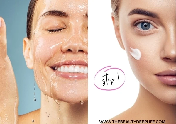 woman washing her face and another woman with primer on her face to represent step 1 of a natural makeup look