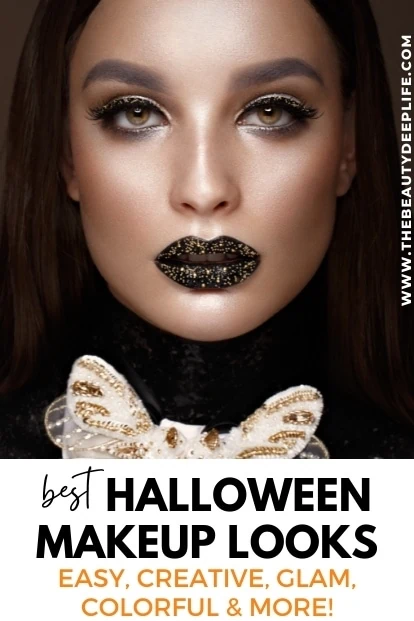 Woman with glam halloween makeup with text overlay the best halloween makeup looks