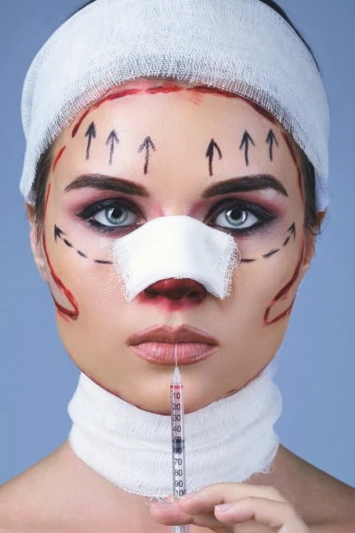 woman with a plastic surgery makeup look for halloween