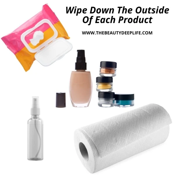 spring cleaning makeup example showing makeup wipes, paper towels, a spray bottle and makeup priducts