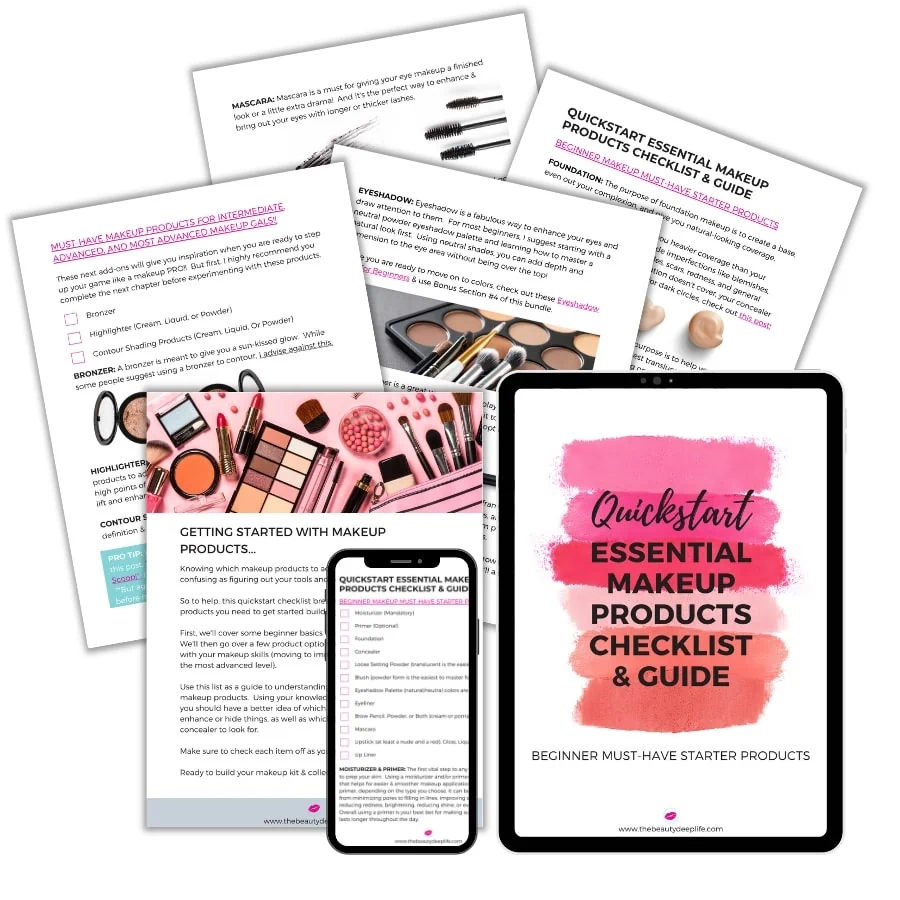 Quickstart essential makeup products checklist & guide on a tablet and phone