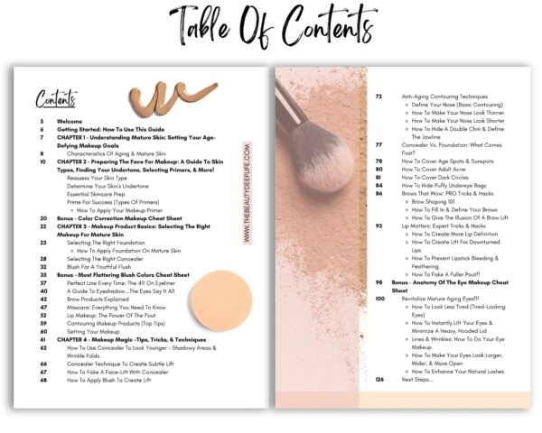 pages of look younger makeup guide with text overlay table of contents