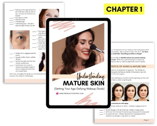 tablet and paper pages with chapter one of the how to look younger makeup guide
