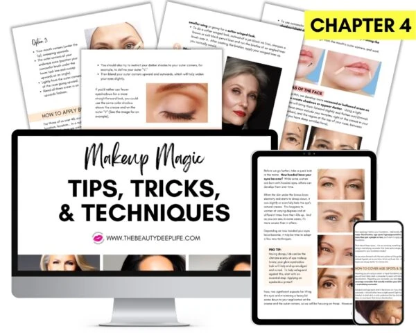 computer screen, laptop, and mobile device with chapter four of the how to look younger makeup guide