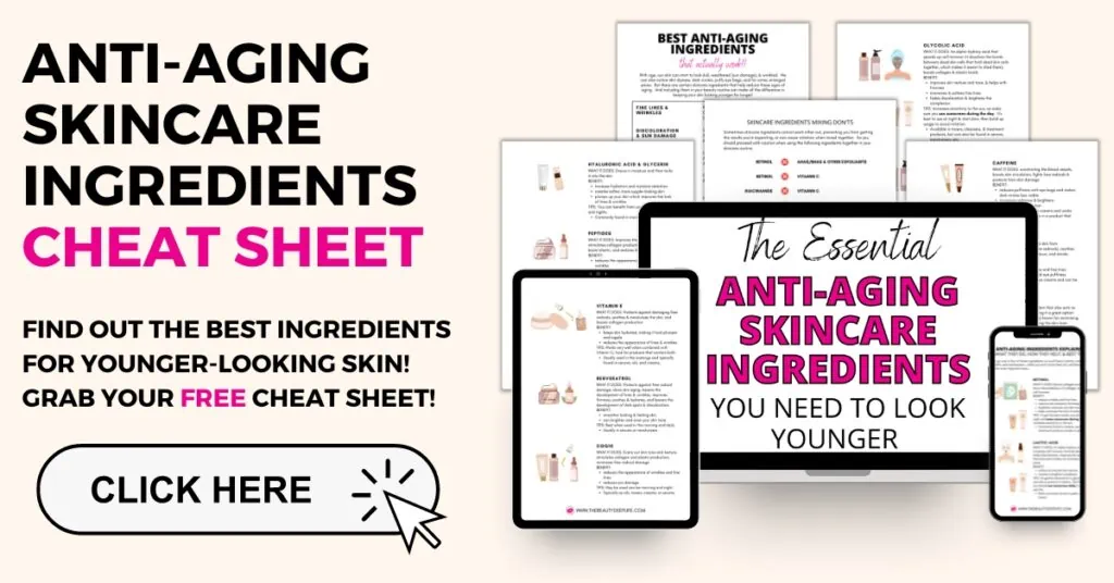 tablet, mobile device, and computer with text overlay anti-aging skincare ingredients cheat sheet