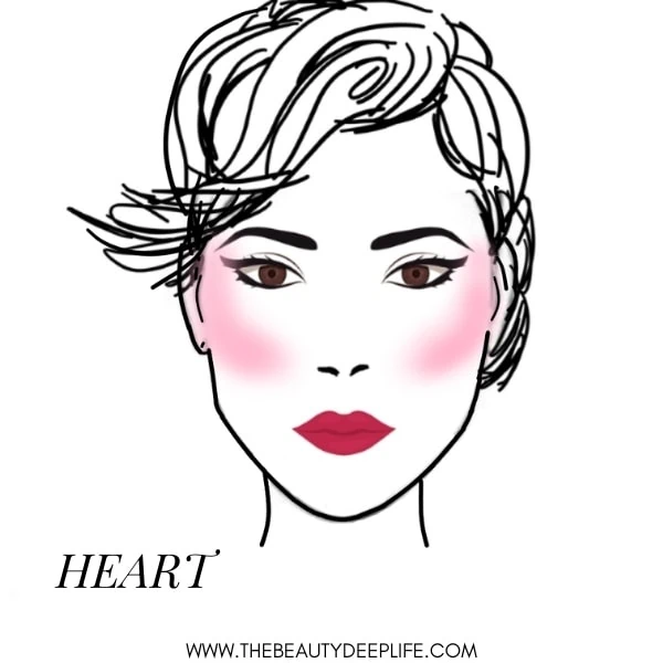 Woman with heart shaped face showing where to apply blush