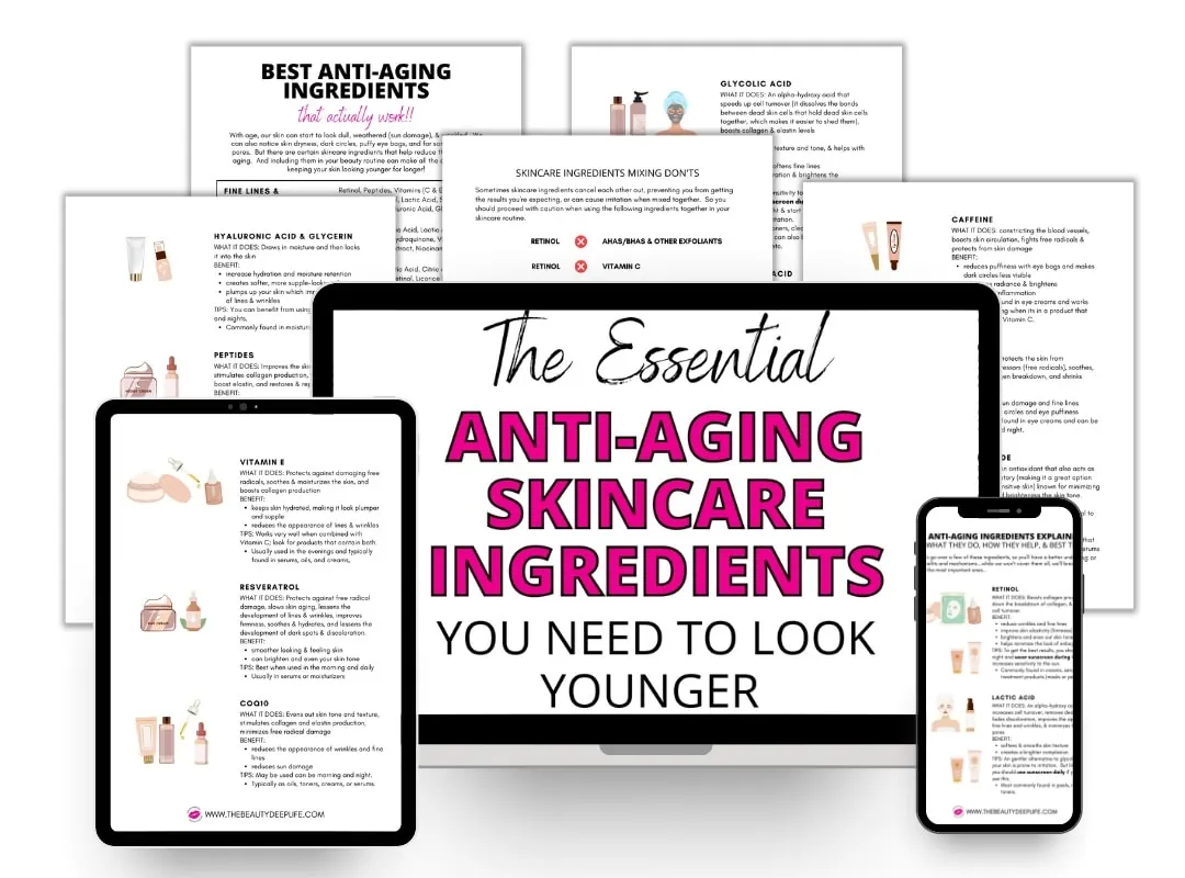 tablet computer cell phone and sheets of paper with text overlay anti-aging skincare ingredients