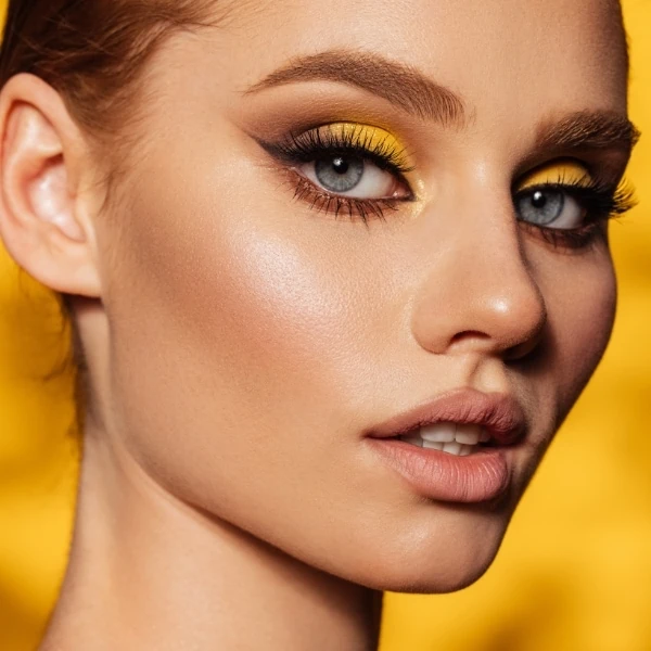 woman with yellow eyeshadow fall makeup look