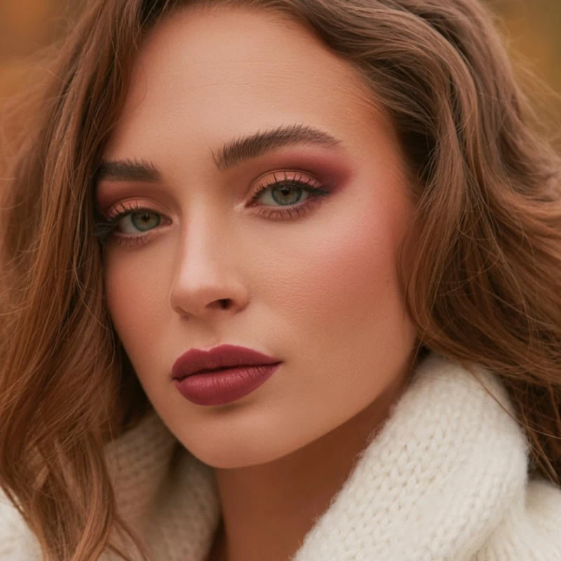 woman with a wine toned fall makeup look