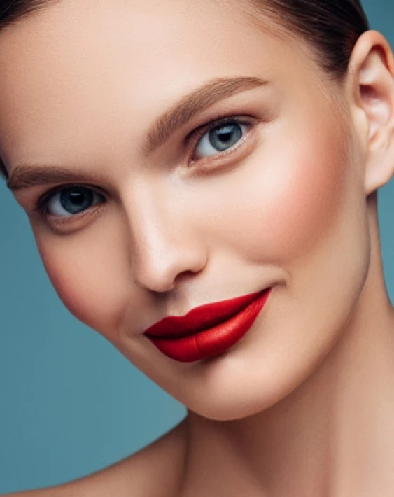 woman with red lipstick and a natural makeup look