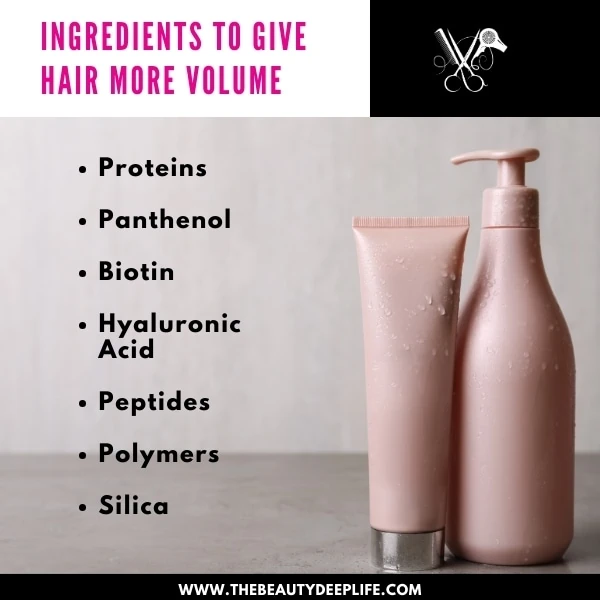 Hair product bottle with text overlay ingredients to give hair more volume